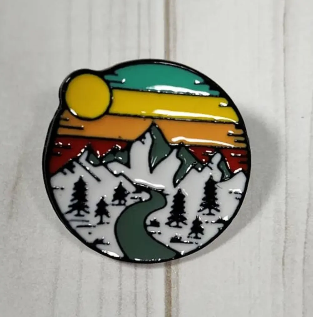 Mountian Adventure Pin for Hat, Lapel, Lanyard, Apron, Jacket or Backpack